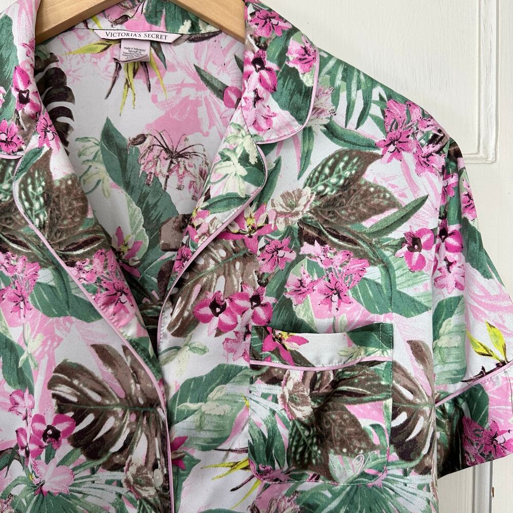 Victoria's Secret Tunic Sleep Shirt Womens Medium Pink Floral Button Up V Neck - Picture 4 of 6